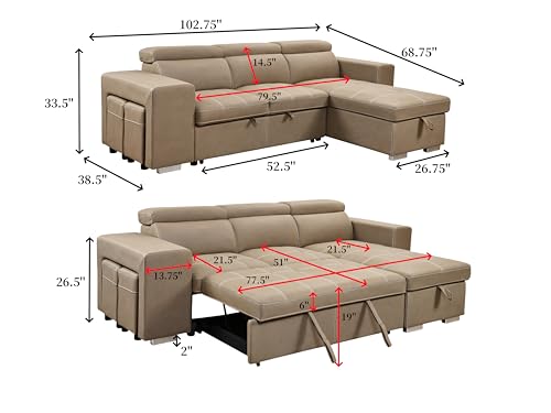 THSUPER 102'' Microfiber L Shaped Sectional Sleeper Sofa Couch with Pullout Bed and Storage Chaise, Convertible Couches with Adjustable Headrest for Living Room, Reversible Chaise. Light Brown