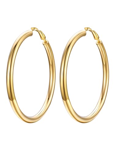 Image of Stainless Steel Chunky Hoop Earrings For Women, Minimalist and Chic, Black /Gold Plated, Round Hoops Earrings Hypoallergenic, Size: 30mm /40mm /60mm /80mm, Come with Box