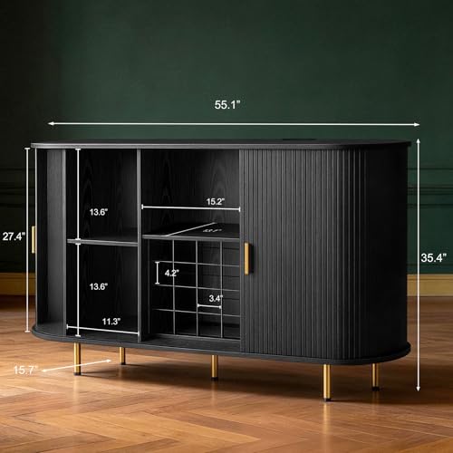 Image of DHH 55 inch Wine Bar Cabinet with Storage, Fluted Liquor & Coffee Bar Cabinet with Wine Rack and Glass Holder, Buffet Sideboard with LED Lights for Home Kitchen Living Dining Room(Black)