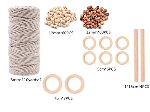Image of 3mm 110Yards Natural Macrame Cotton Cord Thread With Wooden Beads, Rings, Sticks for Knitting Crafts, Wall Hanging, Plant Hangers, Handicrafts, Home Decoration, Handmade DIY