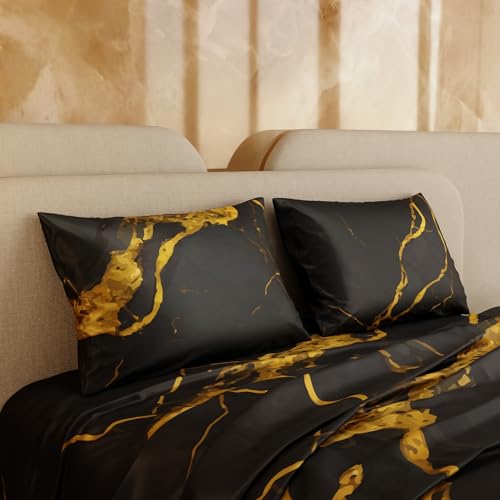 Image of Stoa Paris 300TC UltraSatin King Size Bedsheet with 2 Pillow Covers, Hypoallergenic, Breathable, Gentle On Skin & Hair, Fade & Wrinkle Resistant, Wedding Gift for Couples, Louvre - Black, Gold