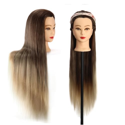 Frisierkopf, Auzass Frisurenkopf 26-28 Inch 100% Kunsthaar Weich Übungskopf Ombre Friseurkopf Trainingsköpfe Mit Halter + DIY Haare Frisuren Set zum Üben von Frisuren (Brown to Deep Gray)