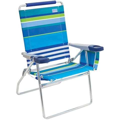Rio Brands 17" Extended Height 4-Position Folding Beach, Camping, Lawn Chair, Blue/White/Green Cover