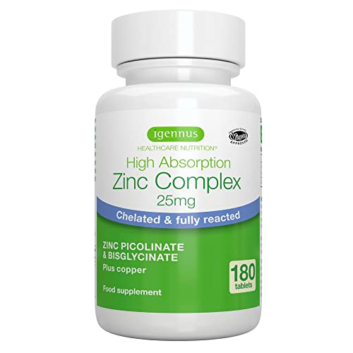 Complejo Quelado de Zinc de Alta Absorción 25mg con Cobre, Picolinato y Bisglicinato de Zinc, apoyo para la Salud de la Piel, Inmune y Celular, 180 Tabletas
