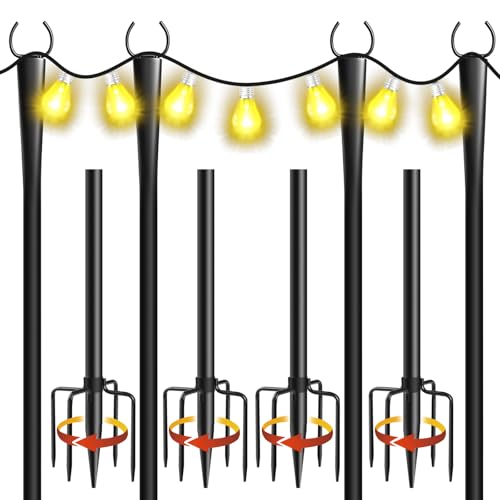 Cymuber 4 Pack 10Ft String Light Poles, Metal Poles with Fork for Outside Lights,Outdoor Metal Light Stand with Fence Brackets Hanging Lights for Garden Patio Wedding Backyard