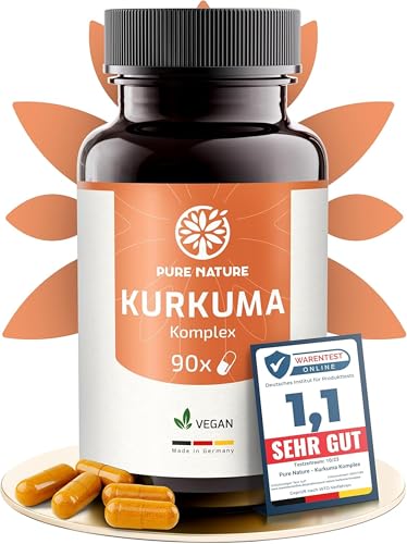 Pure Nature Kurkuma Kapseln Komplex hochdosiert | 1 Kapsel/Tag, 12.000mg Curcuma | 90 Curcuma Kapseln hochdosiert mit Vitamin C & Piperin | Laborgeprüfte Supplements Made in Germany