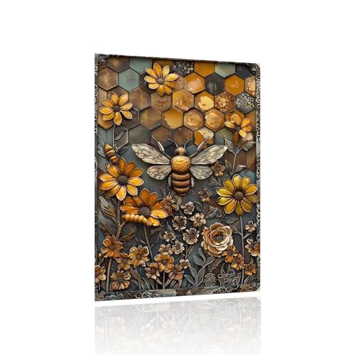 Decopix Vintage Bee Honeycomb and Flowers – 8×12 inch Floral Rustic Home Decor Sign – Indoor Outdoor Metal Wall Art for Nature Lovers