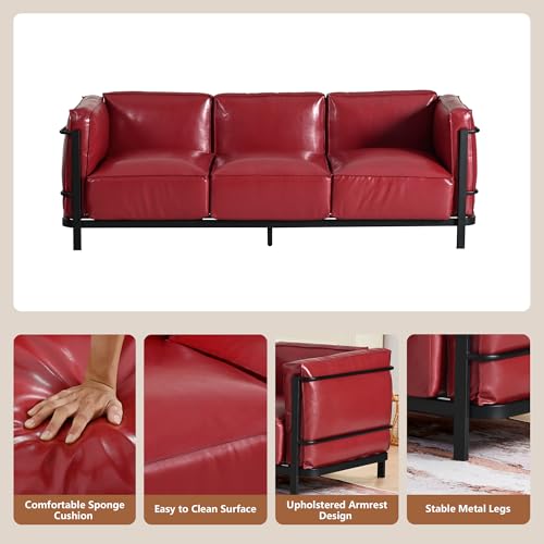 Image of 2 Piece Living Room Sofa set, Mid-Century Modern Upholstered Couch Chair Faux Leather Sofa Couch with Iron Frame and Upholstered Armrest Backrest Cushion for Living Room, Office, Apartment (Burgundy)