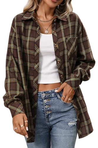 CHYRII Womens Oversized Flannel Shirts Button Down Long Sleeve Plaid Shirt Business Casual Blouse Top