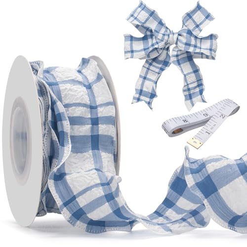 GHGMAO Blue Gingham Ribbon 1.5 Inch x 10 Yards Plaid Ribbon Ruffled Edge Polyester Fabric Craft Ribbons for Gift Wrapping Wedding Invitations Bouquets Christmas Decor