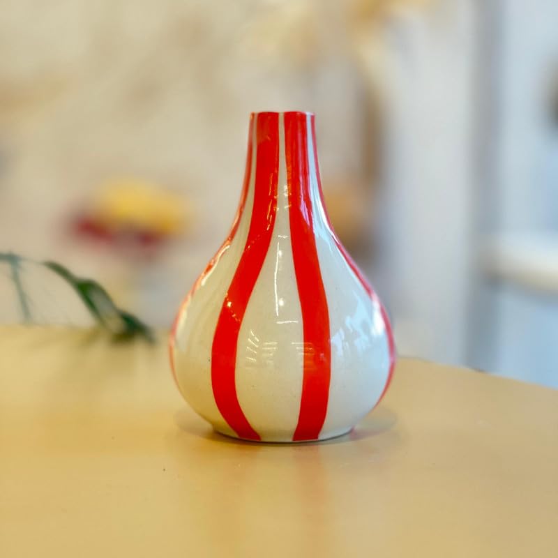 Image of PUREZENTO Orange & White Striped 'Tulip Bud' Ceramic Vase 6 Inch (Pack of 1) | Unique Modern Bud Vase for Dried Flowers & Pampas Grass | Vases for Modern Home Decor, Living Room & Office Decor Ideas