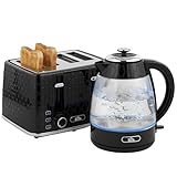 HOMCOM Wasserkocher Toaster Set, 1,7L 2200W Schnellkoch-Wasserkocher aus Glas mit Kalkfilter, 4-Scheiben-Toaster mit 7 Bräunungsstufen, Krümelschublade, Schwarz