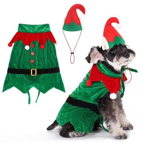 KOOLTAIL Dog Christmas Costume Outfit Pet Elf Hat and Cape Set Christmas Tree Mantle Apparel for Holiday Party for Small Medium Large Dogs Cats Puppy Funny Dog Fleece Clothes Cosplay Dress Red&Green