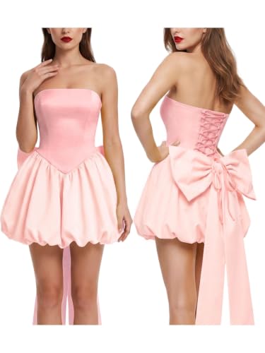 Rosegalette Womens Strapless Bubble Mini Dress Back Lace Up Cute Bow Tie Cocktail Party Homecoming Prom Dresses Pink