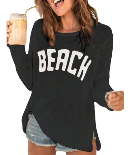 Image of Urchics Womens Casual Sweater Women's Casual Loose Letter Print Long Sleeve Knitted Pullover