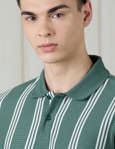 Image of Amazon Brand - Symbol Men Cotton Rich Textured Striper Polo Tshirts | Regular Fit | Half Sleeves - Available in Plus Sizes