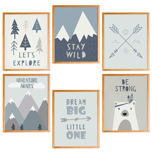 Image of BearCake Inspirational Adventure Awaits Nursery Wall Art Set of 6, Woodland Mountain Nursery Wall Decor Poster Prints for Baby Toddler Boy Room, Adventure Baby Shower Decorations, 8x10 Inches