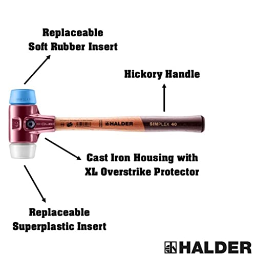 Image of Halder Simplex Mallet 40mm - Dual Faces, TPE-Soft & Superplastic Inserts, Cast Iron Housing with Protection Sleeve, Hickory Handle, Tiling, Stone & Construction - 3017.040