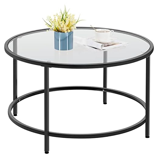 Yaheetech Round Coffee Table with Sturdy Metal Frame, Glass Coffee Table for Living Room, Modern Sofa End Table, Black