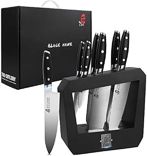 TUO Kitchen Knife Set with Wooden Block Knife Block Sets 7 Piece Professional Chef Knife Set German High Carbon Stainless Steel Kitchen Knife Set-Black Hawk Series