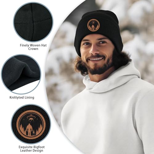 Image of Big Foot Beanie Hat, Sasquatch Leather Patch Winter Knit Skull Cap Bigfoot Gifts for Adult Men Women