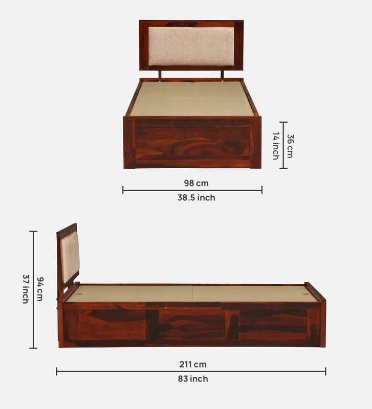 Image of Solid Sheesham Wood Pearl Single Bed with Box Storage | Wooden Single Bed Cot Palang Furniture for Bedroom Living Room Home and Hotel (Honey Oak Finish)