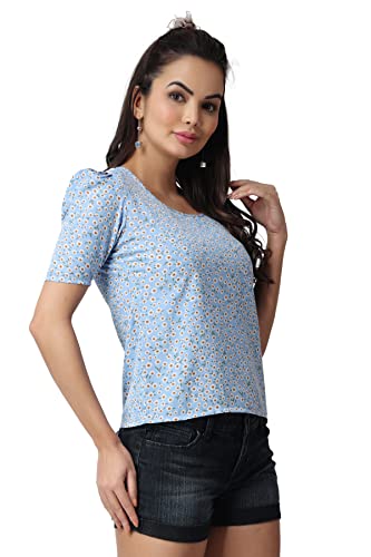 Image of POPWINGS Casual Printed Puff Sleeves Round Neck Top for Women || Stylish Summer Tops for Women || Hip-Length Women Top