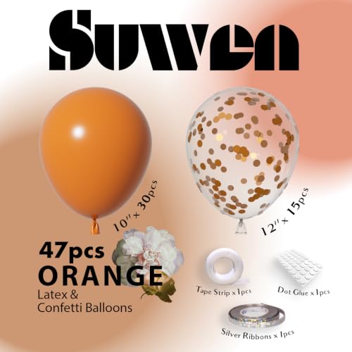 Image of SUWEN 47PCS Burnt Orange and Confetti Terracotta Rust Balloons Latex Set | Terracotta Rust Color Helium Matte Balloon for Birthday Anniversary Fall Themed Party Decorations