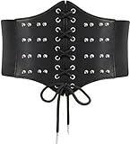 Lace-Up Corset Belt for Women, Elastic Steampunk Renaissance Pirate Rivets Cinch Leather Waist Belts (Large, Black)