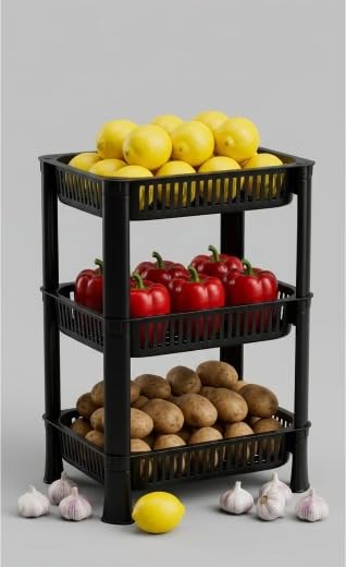 LEMBOSE Pack of 1 Multipurpose 3-Tier Storage Rack – Plastic Vegetable Organizer Rack for Kitchen, Under Wash Basin, Bathroom & Office Use | Space Saving Storage Cabinet & Shelves (Black)-image-8