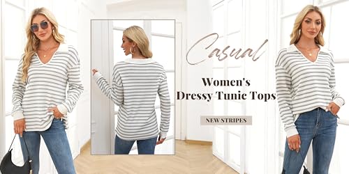 Vivilli Womens Waffle Knit Sweater Tops Long Sleeve Collared V Neck Striped Shirts Trendy Loose Fit Tunic Tops3