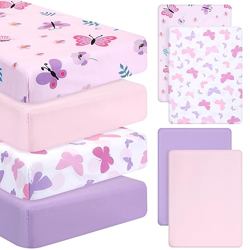 Image of Mixweer 4 Pack Butterfly Baby Crib Sheet Set for Girls Standard Size Crib Toddler Mattresses Soft Breathable Sheets for Baby Gifts Home Nursery Toddler, Pink Purple