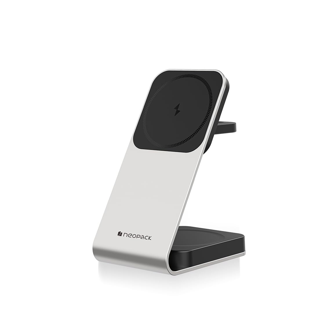 Neopack 15W Wireless Charging Stand for Apple Devices, 3 in 1 Wireless Charger for iWatch and Airpods, Compatible with iPhone 15/14/13/12 Series (Silver)