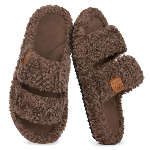 EverFoams Womens Fuzzy Open-toe Slippers Soft Comfy Memory Foam Indoor House Shoes Elegant Mocha, 9-10 US