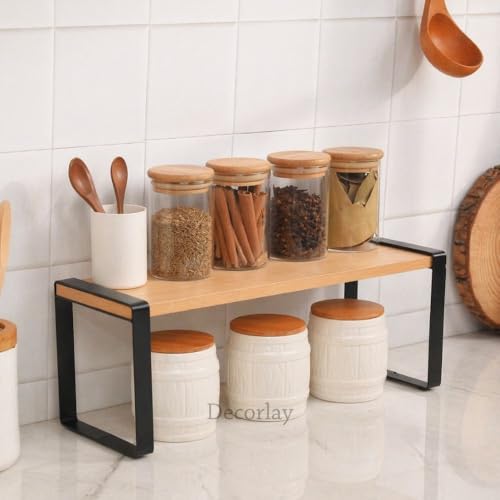 Image of Decorlay Metal & Wooden Spice Rack Organizer Space Saver Counter-top Storage for Kitchen, Bathroom, Office, and Cosmetics (Black + Beech, Single - Tier)
