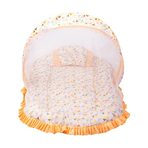 Mee Mee Soft Bed Mattress Set | with Mosquito Net, Neck Pillow & Zip Closure | 100% Cotton Newborn Baby Bedding | with Travel-Friendly Baby Bed | for 0+ Months (Orange)