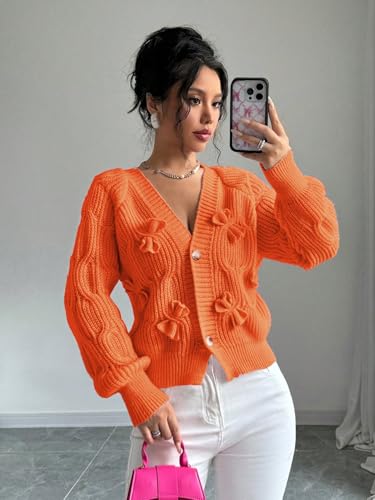 Women's Bow Chunky Knit Cardigan Sweaters Open Front Cozy Long Sleeve Button Up Cardigans for Winter 20252