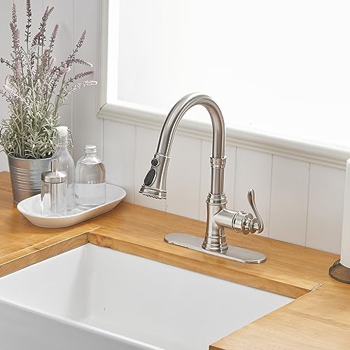 Homevacious Brushed Nickel Kitchen Faucet with Pull Out Sprayer 3 Spray Modes Single Handle Singe Lever High Arc Kitchen Sink Faucet with Deck Plate Lead-Free Pull Down Sprayer