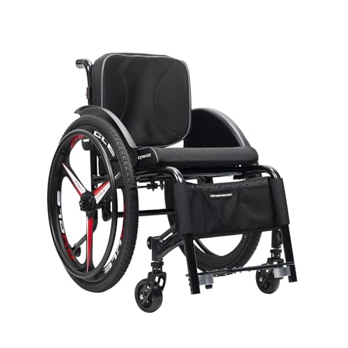 CFMAIF Silla de ruedas deportiva de aleación de aluminio autopropulsada, silla manual ligera para adultos con frenos de mano y ruedas antivuelco (negro, asiento de 38 cm)