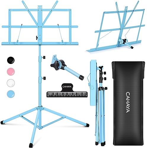 CAHAYA Portable Sheet Music Stand: Dual Use Desktop Book Holder Folding Lightweight Extra Stable Reinforced with Carrying Bag and Clip for Students Musicians Height Adjustable up to 54.3' CMS0204BL