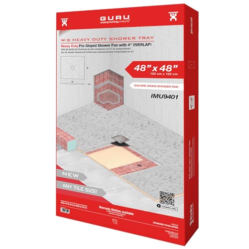 GURU USA W-S Heavy Duty Shower Tray for Square Drain, Bathroom Shower Pan Kit with Pre-Sloped Shower Base & Waterproofing Membrane, 48” x 48”, Four Slopes, Center Drain -  GURU USA LLC, IMU9401
