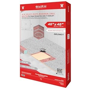 GURU USA W-S Heavy Duty Shower Tray for Square Drain, Bathroom Shower Pan Kit with Pre-Sloped Shower Base & Waterproofing Membrane, 48” x 48”, Four Slopes, Center Drain