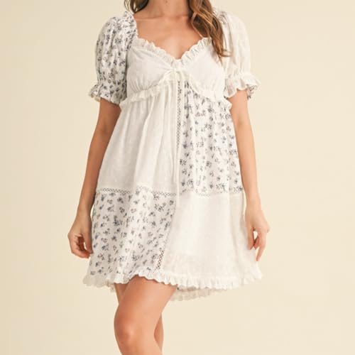 Image of Women Y2k Puff Sleeve Babydoll Dresses Square Neck Tie Back Mini Dress Summer Solid Off Shoulder Flowy Sundress