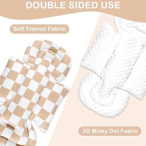 Image of DILIMI Infant Car Seat Insert, Baby Car Seat Head Support with 3 Strap Paddings, Soft Newborn Car Seat Cushion for Stroller, Swing, Bouncers, Brown Checkered