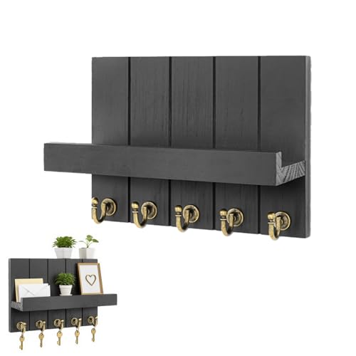 ORARTMM Wooden Key Rack with 5 Hooks, Decorative Wall Shelf for Keys, Key Rack with Shelf, Wooden Keys Cabinet for Entrance, Hallway, Living Room, Black
