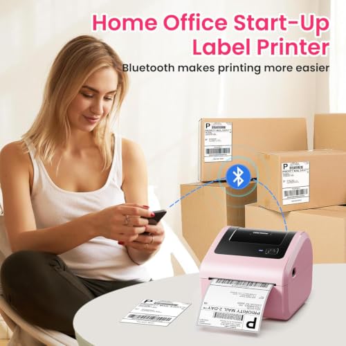Image of Bluetooth Shipping Label Printer with 3 Roll Labels, D450BT Pink Thermal Label Printer 4x6 for Small Business, Thermal Printers Come with 750PCS 4x6 White Labels (250 Labels /Roll)
