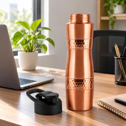 Image of Pure Copper Water Bottle 32 Oz Extra Large Wide Mouth Drinking Bottle | with Cleaning Brush, Leak Proof Ayurvedic Reusable Metal Bottle for Home Gym Office Travel, Brush Copper