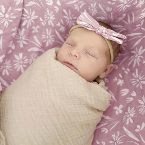 Image of LifeTree Baby Swaddle Blanket and Bow Set, Mauve Floral Muslin Newborn Swaddle Set with Matching Headband Bow, Infant Receiving Blanket Wrap, 47 x 47 inches, 70% Viscose from Bamboo and 30% Cotton