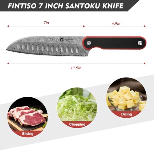 Image of FINTISO Chef Knife 7 Inch Kitchen Knife, Sharp Santoku Knife 67-Layer Damascus Steel with 10Cr15CoMoV Steel Core, Professional Cooking Knife with Ergonomic Full Tang G10 Handle for Chopping Slicing