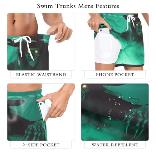 Men's Swim Trunks Witch Scary Green, Quick Dry Beach Board Shorts with Liner, Swimwear Bathing Suits S3